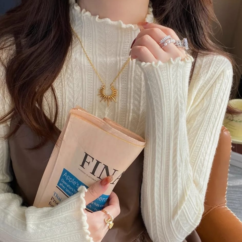 Ruffle Mock Neck Long-sleeve Knit Top (Sweater)